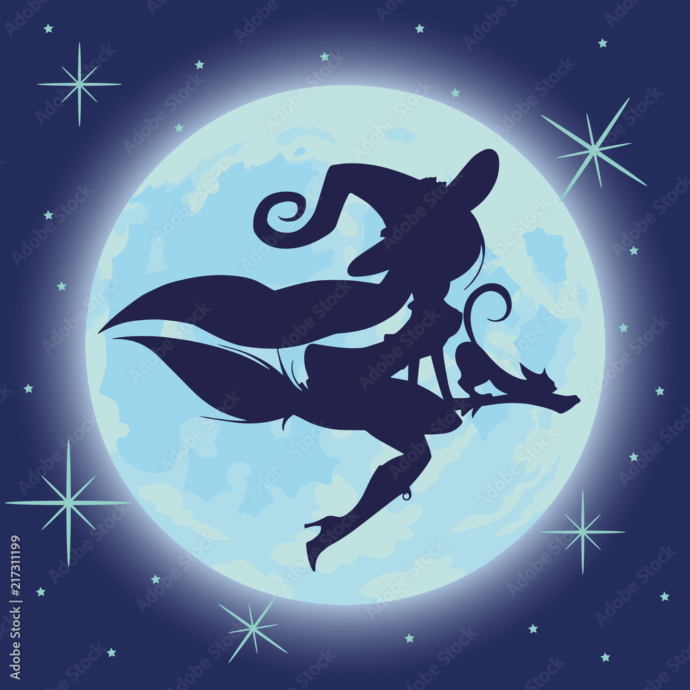 Vector illustration of a sexy witch silhouette over a blue dark night sky.
