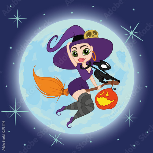 witch flying on a broomstick with a black cat