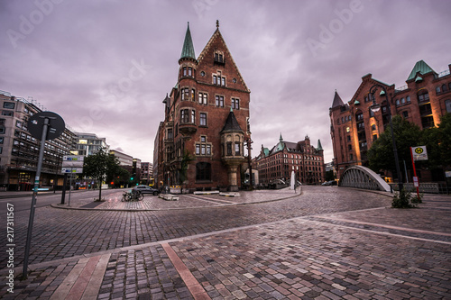 Warehouse district of Hamburg (Speicherstadt) at night. Panorama.