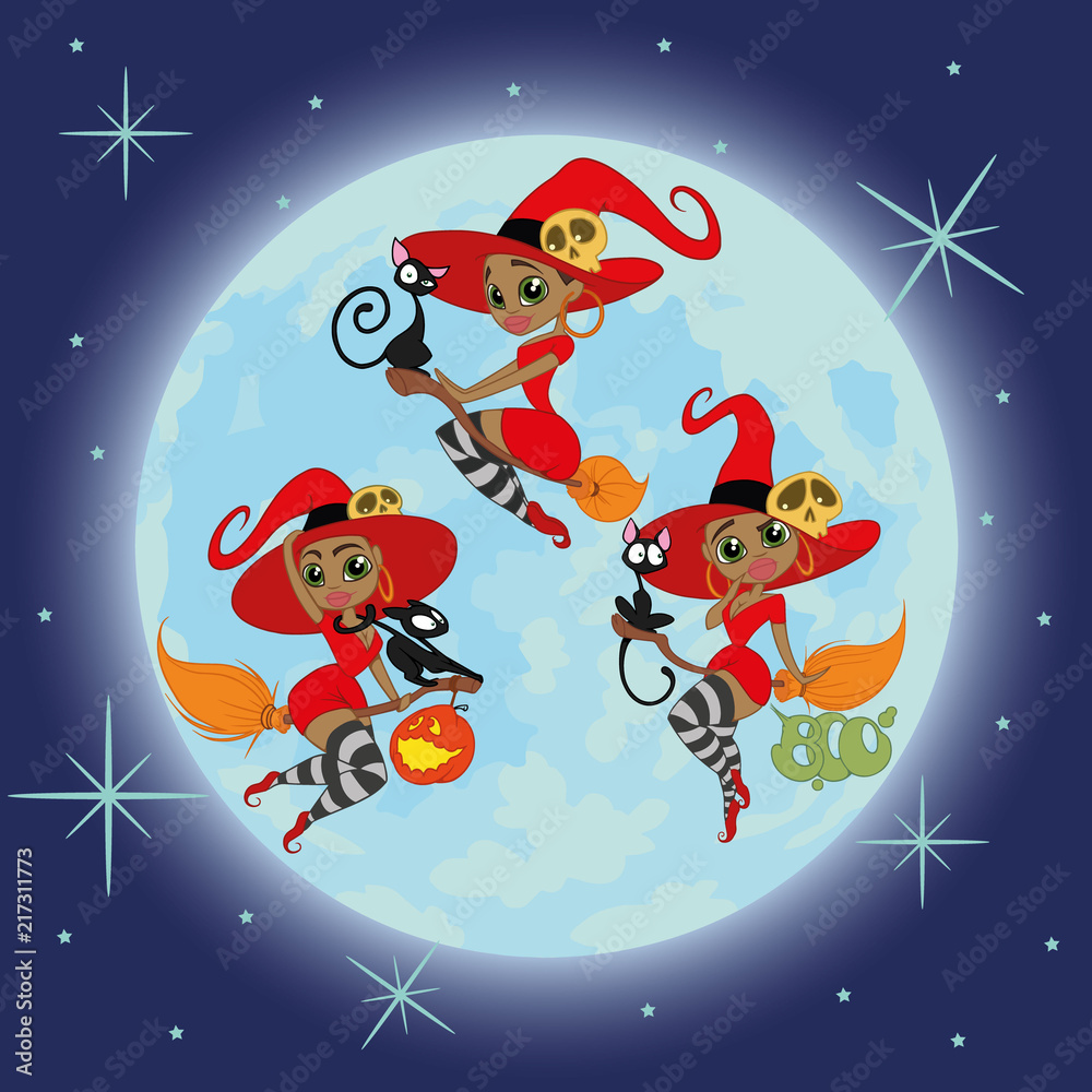 Naklejka premium set of beautiful sexy witches in the background of the moon. vector illustration
