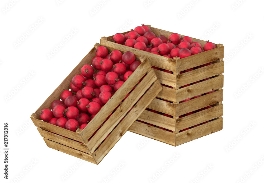 3D render of pomegranate in wooden box. Isolated on white background. 3D render of pomegranate in wooden box. Isolated on white background.