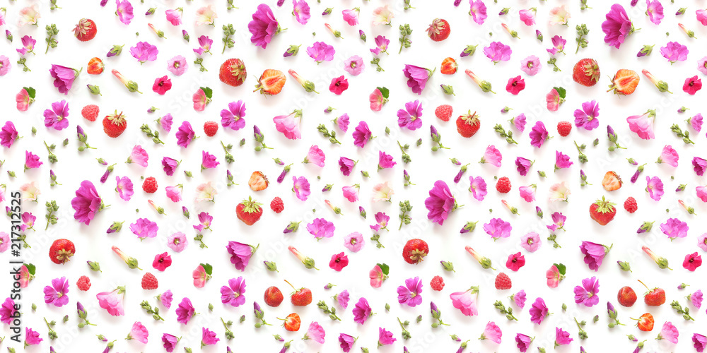 Composition seamless pattern from plants, berries, wild flowers mallow isolated on white background, flat lay, top view.