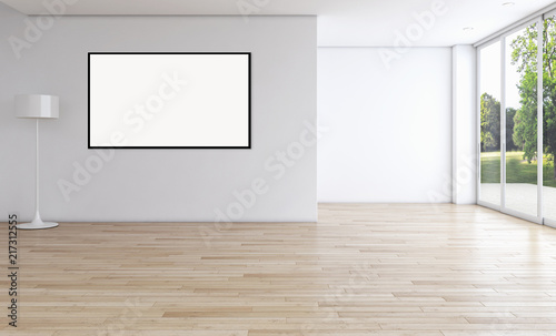 Modern bright interiors apartment with mockup poster frame 3D rendering illustration