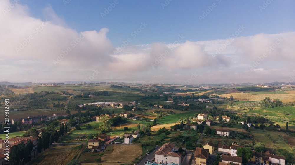 Aerial drone view of Vinci village, Toscana, Italy. Typical rural village of Italy