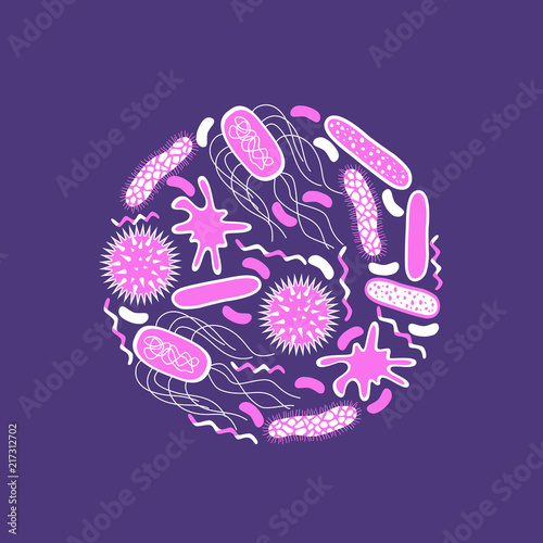 Germs and bacteria icons set  isolated on purple background.