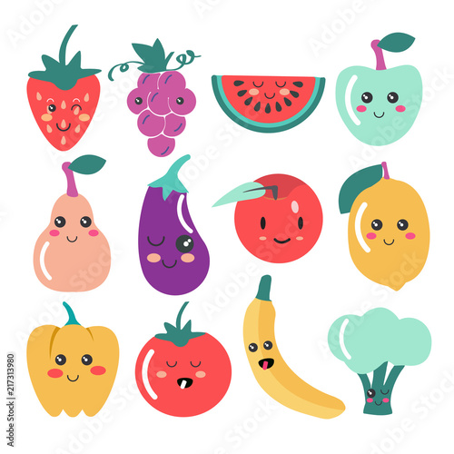 Cute Kawaii fruit and vegetable icons.