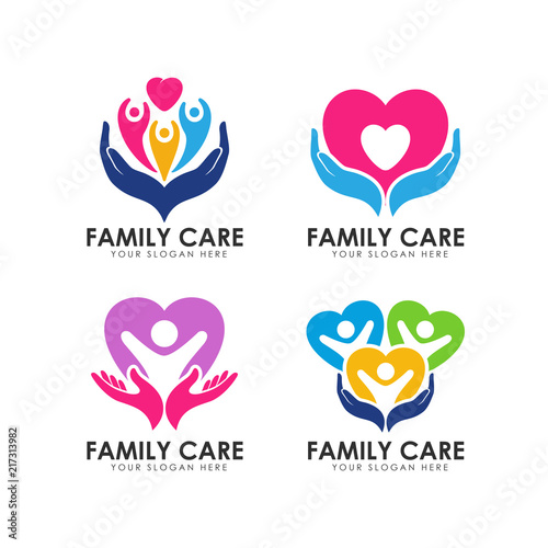 family care logo design template. hand care and heart shape vector icon