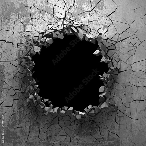 Dark cracked broken hole in concrete wall. Grunge background © VERSUSstudio