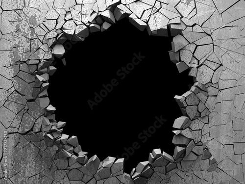 Dark cracked broken hole in concrete wall. Grunge background photo