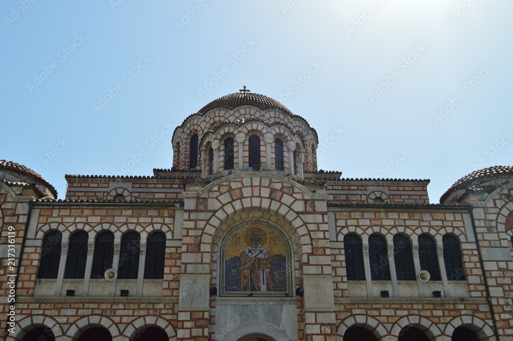 Arches And Boveda On The Top Of The Main Facade Of The Orthodox Church Of San Nicolas. Architecture History Travel.4 July 2018. Volos. Magnesia. Greece.