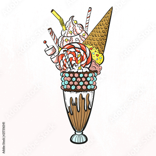 Big milkshake with ice cream, candies, marshmallow, cream and lollipop . Sweet beautiful dessert giant milkshake. Clipart for a restaurant or cafe menu. Color