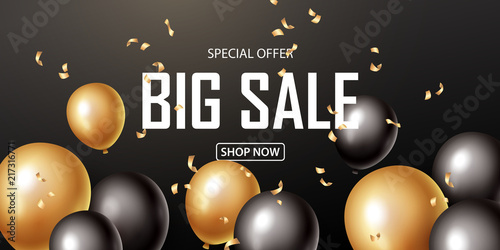 Sale banner with black and gold floating balloons. Vector illustration.