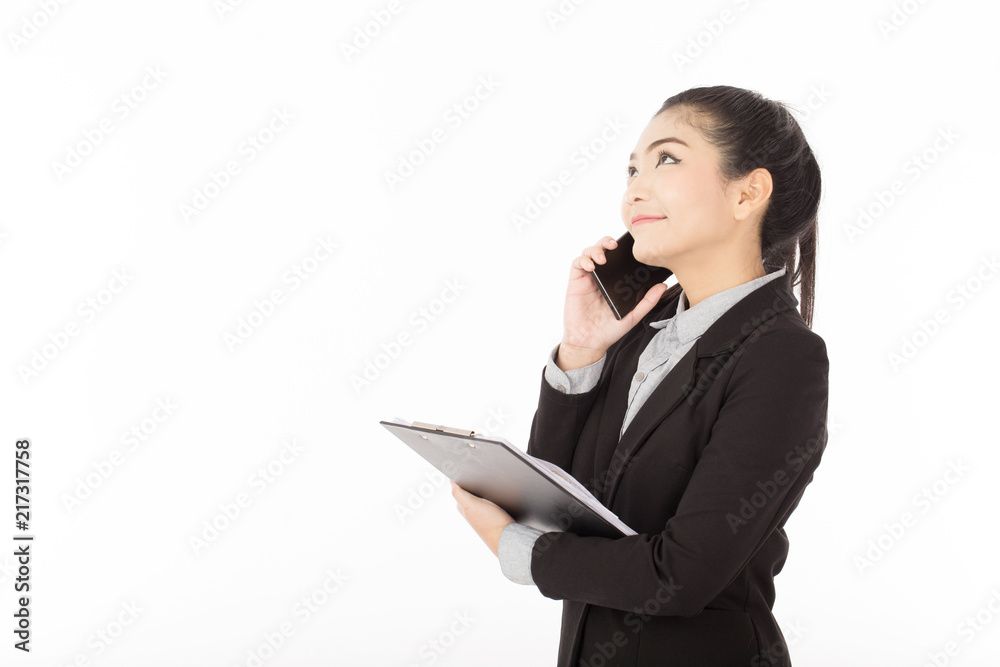 Business Attractive Asian Business young woman using smartphone for work and looking up to copy space,Isolated on white background Business Attractive Asian Business young woman using smartphone for work and looking up to copy space,Isolated on white background