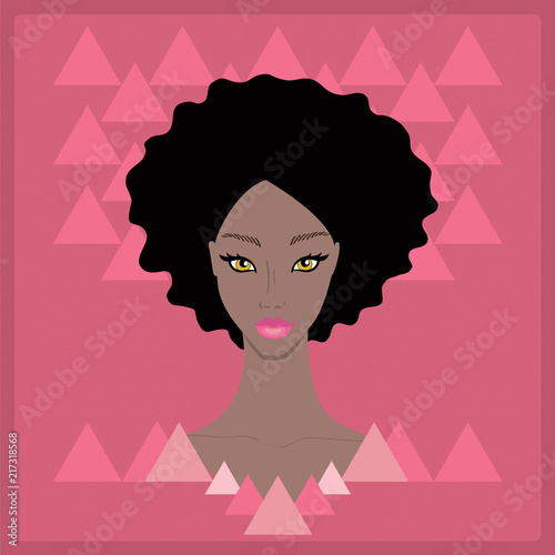 Beautiful stylish young woman face on dark pink background with triangle geometric shapes. Style of 80s