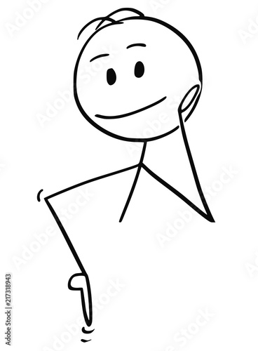 Cartoon stick drawing conceptual illustration of man pointing down to something, most likely some sign with your text.