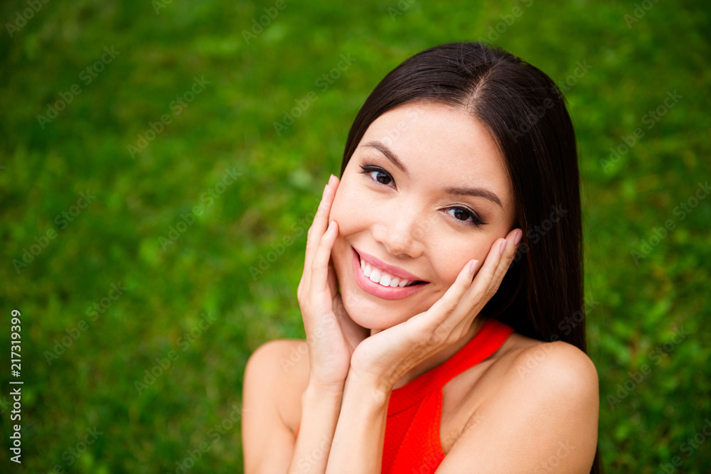 Close up portrait of dreamy and charming dark-haired young woman Close up portrait of dreamy and charming dark-haired young woman