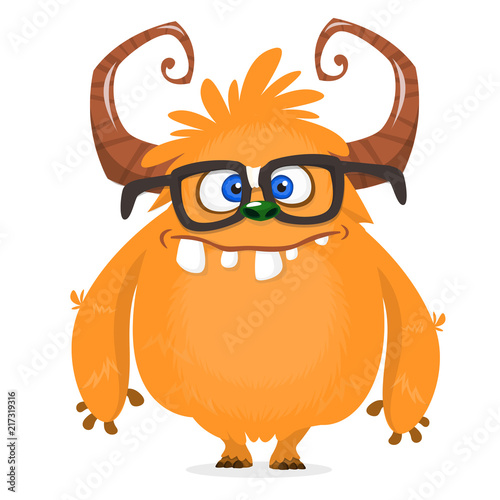 Nerdy happy cartoon monster character wearing eyeglasses. Halloween vector orange and horned monster. Design for emblem or sticker