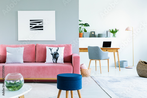 Poster above pink sofa with pillows in open space interior with blue stool and armchair. Real photo photo