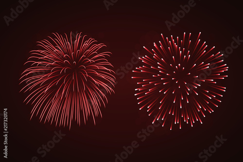 Beautiful red fireworks set. Bright fireworks isolated black background. Light red decoration fireworks for Christmas, New Year celebration, holiday festival, birthday card. Vector illustration