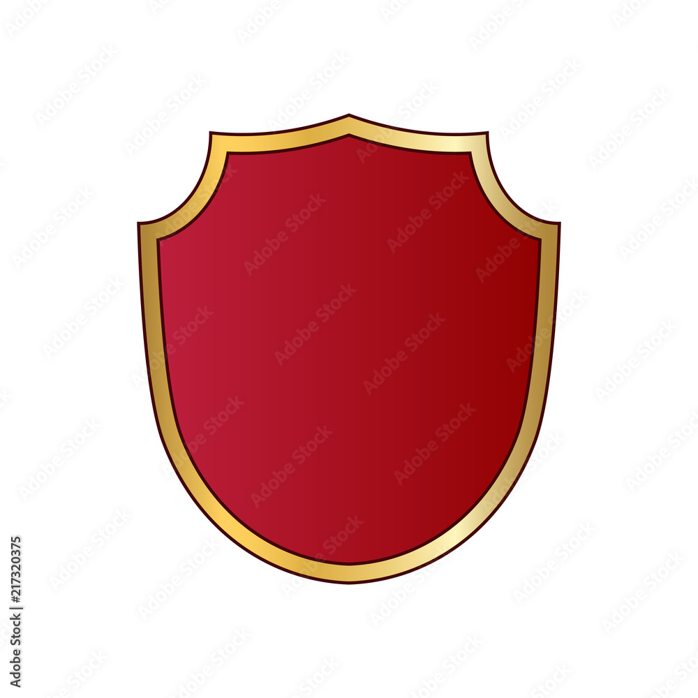 Gold and red shield shape icon. Logo emblem metallic sign isolated on white background. Shape shield symbol of security, protection or armor, safe. Shiny element design. Vector illustration Gold and red shield shape icon. Logo emblem metallic sign isolated on white background. Shape shield symbol of security, protection or armor, safe. Shiny element design. Vector illustration