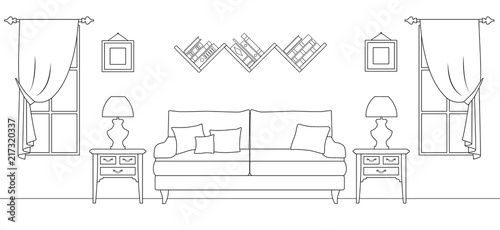 Interior layout of the living room. Vector room plan. Linear style.