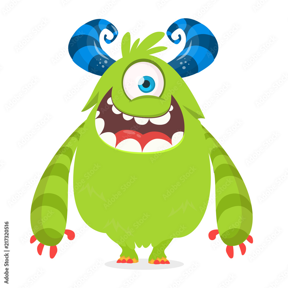 Fototapeta premium Cute cartoon monster with horns with one eye. Smiling monster emotion with big mouth. Halloween vector illustration