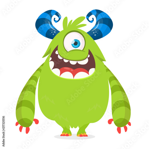 Cute cartoon monster  with horns with one eye. Smiling monster emotion with big mouth. Halloween vector illustration