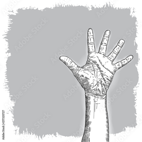 Hand gesture sketch. Man wrist illustration on grunge background. Hand drawn engraving style of male raise high up fist. Vector.