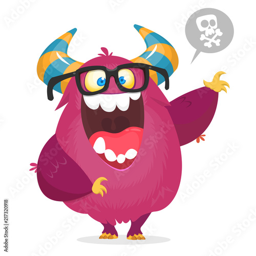 Cartoon smart monster nerd wearing glasses. Vector illustration of excited monster character waving isolated