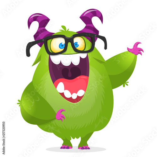 Cartoon green monster nerd wearing glasses. Vector illustration of excited monster character waving isolated
