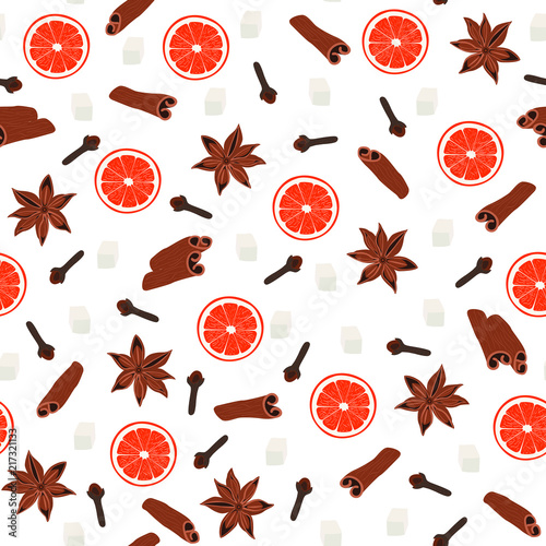 Red oranges with cinnamon seamless pattern. Spices, sugar and red oranges on a white background.  