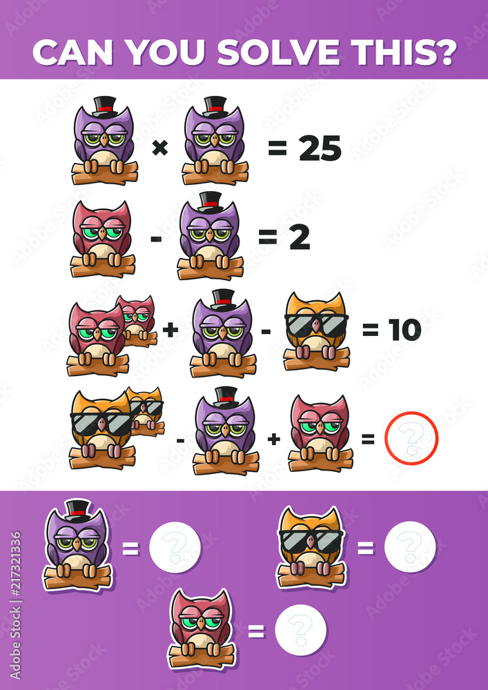 System of equations with Owls. A math game for kids.