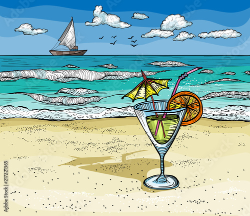 Cocktail on the summer beach. Vector illustration.