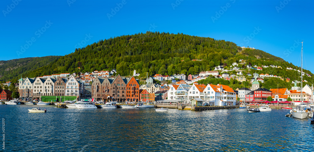 Picturesque panorama of a  Historical district Bryggen (Tyskebryggen)  in the norwegian city Bergen.  Hordaland, Norway, Europe.