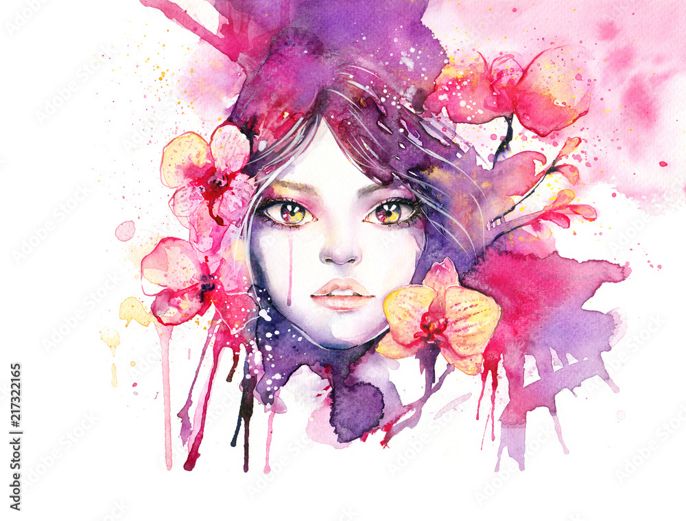 Beautiful woman with orchid flowers - watercolor fashion illustration with female portrait