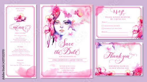 Set of wedding invitation card templates - watercolor beautiful woman and pink orchid flowers