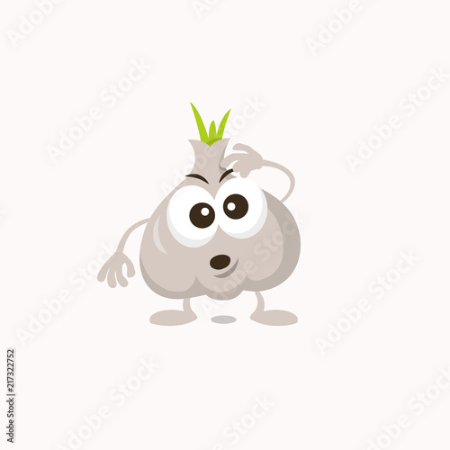 Illustration of cute garlic thinking mascot isolated on light background. Flat design style for your mascot branding.