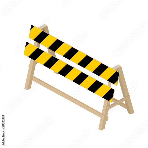 Isometric transport icon road orange colored on white background. Vector illustration of a road repair equipment barrier with black stripes. Color image of the barrier sign for the street repair work
