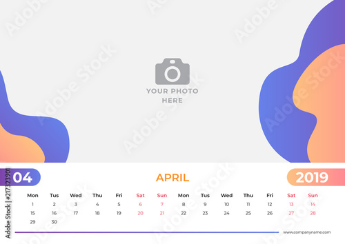 Calendar design for April 2019. Simple blue and orange background. Week starts on Monday. Vector design print template with place for photo. 