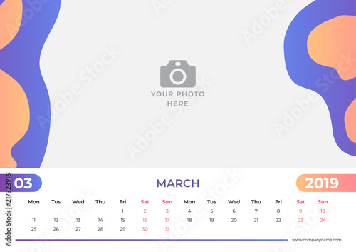 Calendar design for March 2019. Simple blue and orange background. Week starts on Monday. Vector design print template with place for photo. 