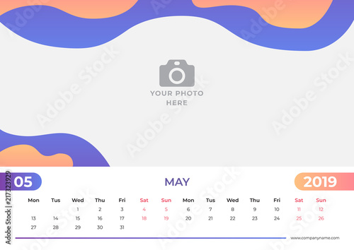 Calendar design for May 2019. Simple blue and orange background. Week starts on Monday. Vector design print template with place for photo. 