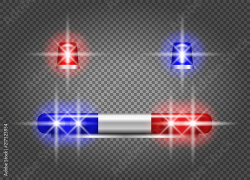 Realistic emergency car flasher siren on transparent background. Vector lighting beacons with glowing effects