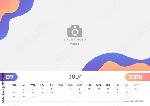 Calendar design for July 2019. Simple blue and orange background. Week starts on Monday. Vector design print template with place for photo. 