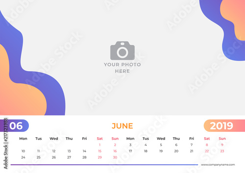 Calendar design for June 2019. Simple blue and orange background. Week starts on Monday. Vector design print template with place for photo. 