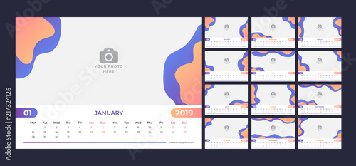 Calendar design for 2019. Simple blue and orange background. Week starts on Monday. Set of 12 calendar pages vector design print template with place for photo. 