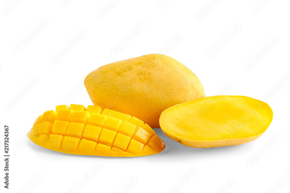 Ripe yellow carabao mango with cube sliced one on white background Ripe yellow carabao mango with cube sliced one on white background