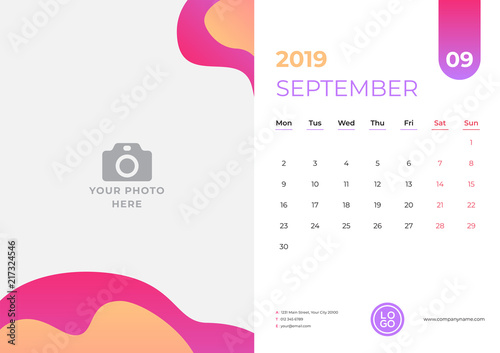 Calendar design for September 2019. Simple red and orange background. Week starts on Monday. Vector design print template with place for photo.