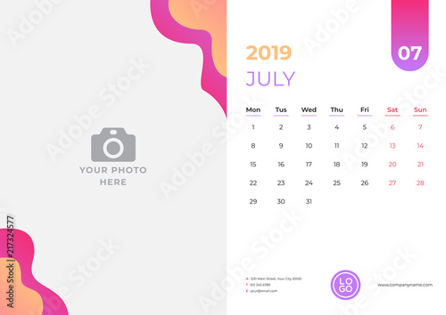 Calendar design for July 2019. Simple red and orange background. Week starts on Monday. Vector design print template with place for photo. 