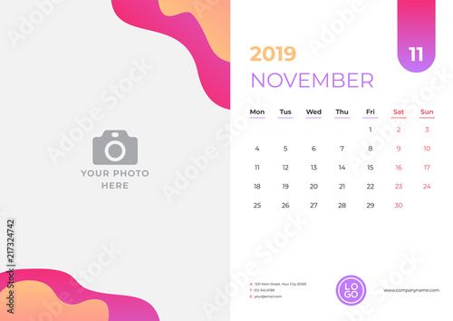 Calendar design for November 2019. Simple red and orange background. Week starts on Monday. Vector design print template with place for photo.