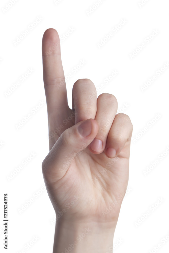 Close-up of hand isolated on white background. Pointing finger pointing upwards Close-up of hand isolated on white background. Pointing finger pointing upwards